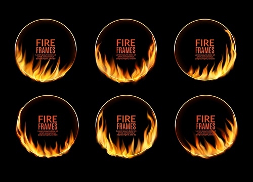 Round circus frames with fire flames and burning circle rings, vector. Fire light glow effect border frames of burning flares or blazing flame and sizzling shine