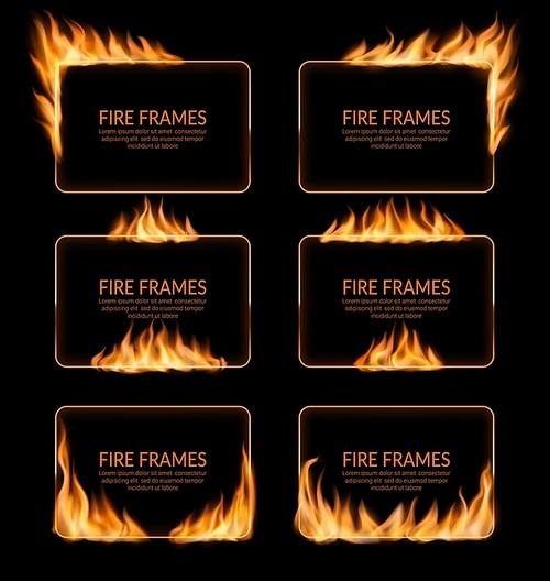 Fire burning flame frames, black friday hot sale banners. Halloween celebration, business offer and fire safety posters with realistic vector glowing, burning hot flames borders and corners