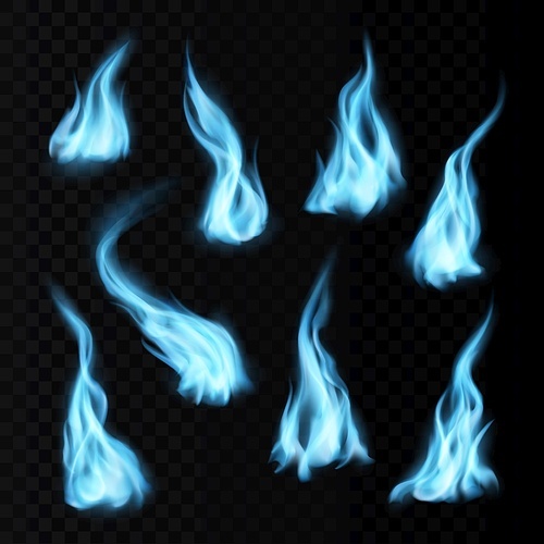 Gas realistic blue fire flames and trails with long burning tongues. Vector natural fossil burning, magic blaze 3d effect, glowing shining flare design elements set isolated on transparent background
