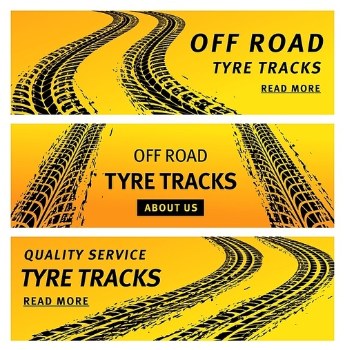 Tire track trails banners, car truck wheel prints on mud road, vector backgrounds. Off road car or bike motorcycle and truck skidding wheels service, yellow web banners with tire marks and scratches