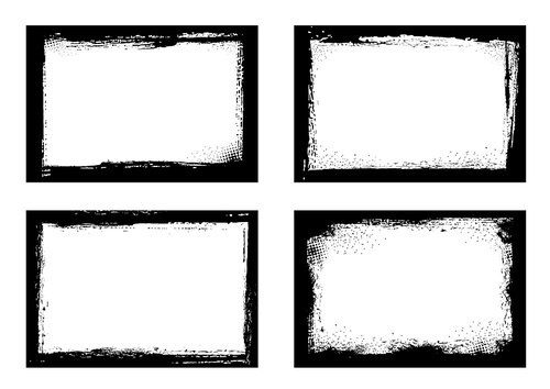 grunge frames isolated vector black borders of rectangular shape with scratched rough edges on white . grungy old texture, dirty spatter vignettes, retro design elements or photo frames set