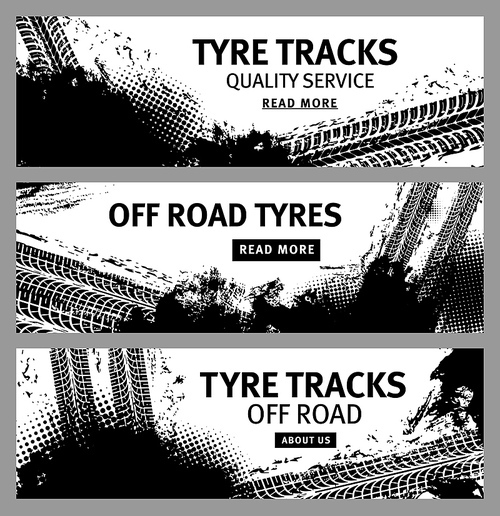 grunge banners with vector tire tracks and offroad tyre prints. mud or dirt road wheel traces of race sport car, truck or tractor, motorcycle or bike, rubber tread black marks with halftone