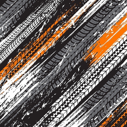 Tire tracks vector background with grunge prints of wheel tyre marks on dirt road. Offroad race or rally sport motorcycle, truck, motor bike or car tire tread pattern, vehicle traces backdrop design