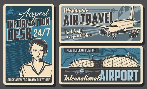 Airport information desk, airplane retro posters. Vector air traffic service operator with headset, airport building and plane or airplane of international airlines. Aircraft staff work, aviation