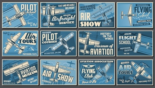 Aviation show, airplanes and aviator club posters, retro vector. Vintage aircraft planes, professional aerobatics festival, pilots school and aviation club, avia history museum and airfreight service