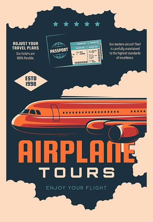 Airplane tours, airline travel service retro banner. Air journey plans, passenger transportation poster. Modern airliner jet plane flying in clouds, passport and flight tickets vector