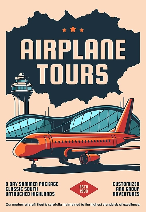 Airplane vacation tours, aviation travel service poster. Airline custom trip, business jet rent banner. Modern passenger airplane on runway, airport terminal and dispatcher tower buildings vector