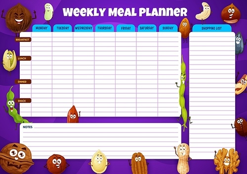 Weekly meal planner, vector week food plan with funny nuts and beans. Calendar menu for breakfast, lunch, dinner and snack with shopping list for grocery purchases. Dieting diary timetable template