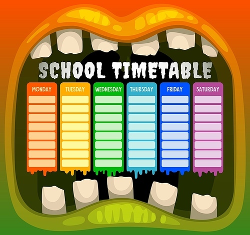 school timetable with vector  of halloween monster mouth. children education schedule, weekly planner or study plan of preschool student with lesson chart layouts, cartoon zombie lips and teeth