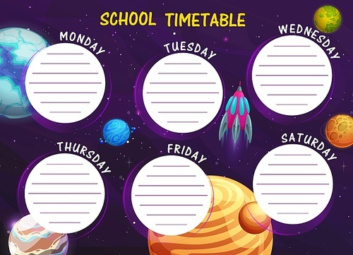 school timetable with cartoon space planets vector background . children education schedule of student lessons, chart, time table or weekly study planner with spaceship flying through space