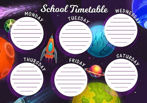 Timetable schedule with galaxy and spaceship. Vector education school weekly planner with cartoon fantasy planets and ufo in starry sky. Kids time table for lessons with alien planets, cosmic rockets