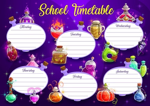 school timetable vector template of education schedule or weekly planner with halloween background  of magic potion bottles. student study plan or class chart layouts in shape of elixir jars