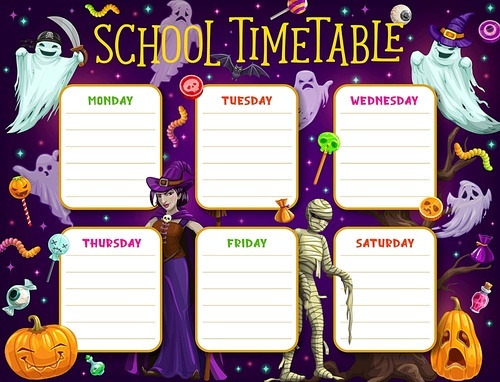 school timetable, children schedule or education plan with vector background  of halloween monsters. weekly study planner of lesson or class charts with cartoon horror pumpkins, ghosts and witch