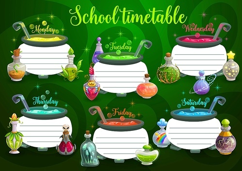 Kid school timetable with witch cauldron and magic potions. Children weekly schedule, child classes daily planner vector template with sorcerer elixirs boiling in cauldrons, fantasy cartoon bottles