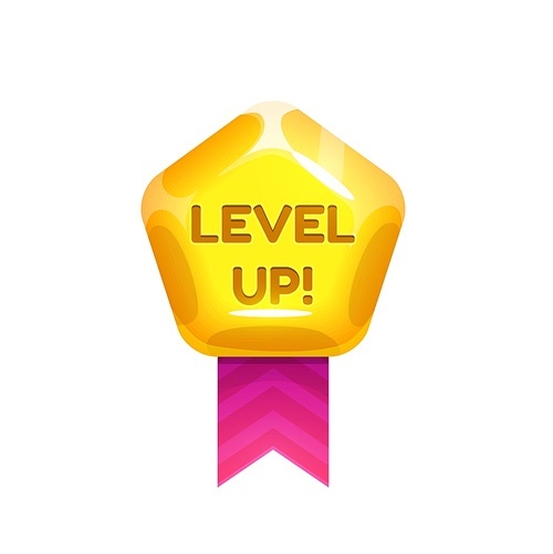 Level up award ribbon or medal isolated cartoon emblem. Vector goal achievement congrats, bonus win sign in web application. Rating up or level complete badge, first place award, ui game button