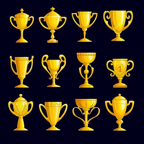 Winner trophy cups. Cartoon vector set of gold champion awards, tournament rewards, golden goblets and bowls with laurel wreath and first place symbol. Achievement prizes and honor gifts