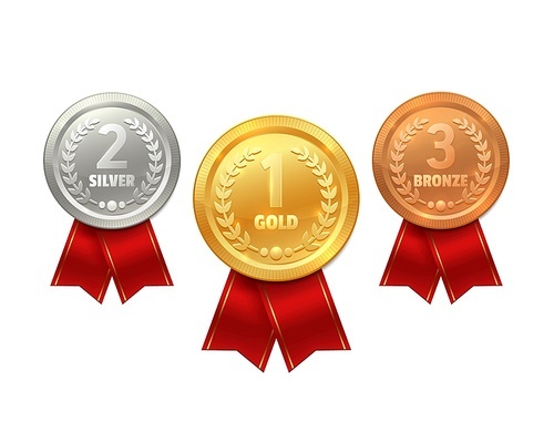 Medal with ribbon vector icons of sport prize, reward certificate, winner trophy or champion honor award. Gold, silver and bronze medals with red tapes and laurel wreaths, 1st, 2nd, 3rd place awards