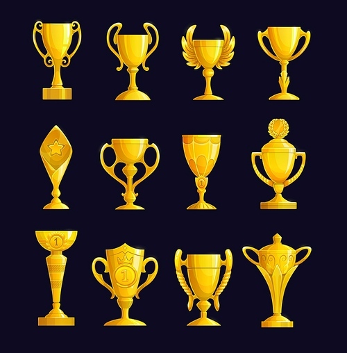 Champion cup cartoon vector icons. Leader prize, sport championship or tournament winner award. Golden goblets with wings, star and crown, champion cups and trophies for first place achievement