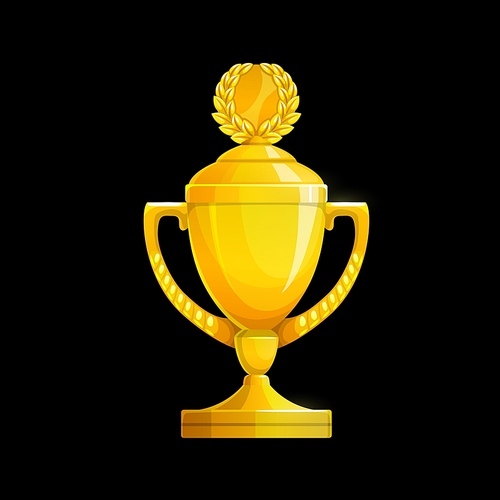 Golden trophy cup icon, vector gold goblet for first place winner prize award. Champion cup with laurel wreath and handles, number one winner trophy, contest victory achievement, success celebration