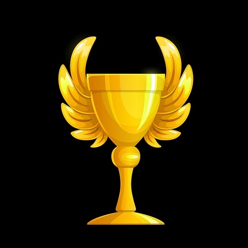 Golden cup with wings, gold award and winner trophy, vector champion prize. Golden cup of victory or winner goblet with wings for sport championship first place, best game and competition reward