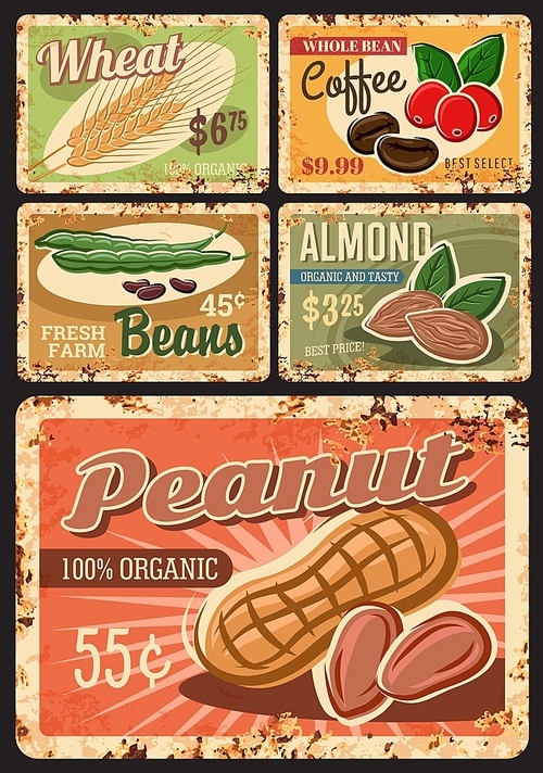 Organic beans, nuts and cereals farm rusty metal plates. Wheat ear, coffee beans and berries, almond, haricot and peanut sketch vector. Natural food, organic products market price sign, retro banners