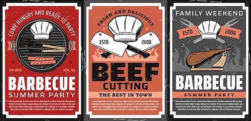 Barbecue party and steak restaurant retro poster. Sausages grilling on barbecue grill grid, BBQ tongs, fork and chef toque, kitchen hatchet, jamon leg on cutting stand vector. BBQ summer party banner