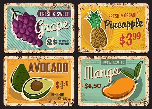 Fruits farm or market rusty metal plate. Bunch of grapes, ripe pineapple and sliced avocado, fresh mango hand drawn vector. Exotic and natural fruits orchard, shop retro banner, vintage signboard