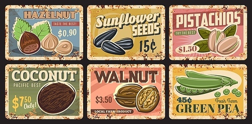 Nuts, legumes and seeds vintage rusty plates of vector food. Pistachio, walnut, coconut and hazelnut, green pea and sunflower seeds old thin plates with beans, grains, nut kernels and shells