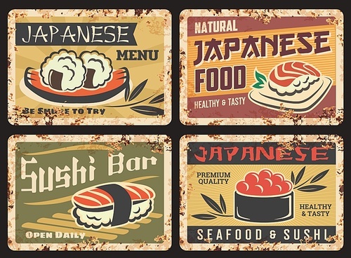 japanese cuisine seafood rusty metal plate. sushi bar, restaurant menu vector tin sign. japanese seafood grunge plates with  balls, nigiri and gunkan maki sushi rolls, typography and rust texture