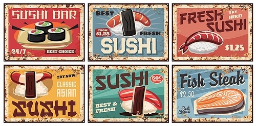 Sushi metal plates or retro posters, Japanese food cuisine and bar menu. Japanese sushi and rolls with salmon, shrimp or squid and nori seaweed with fish steak, restaurant lunch menu rusty plates