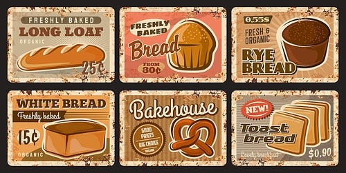 Bakery shop and bread rusty plates of food vector design. Wheat and rye bread loaves, baguette, toast, pretzel, cereal flour bun and long loaf bread vintage tin plates of baker shop, bakehouse design