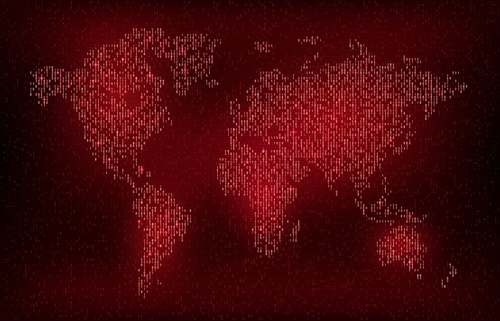 Digital binary code vector world map, cyber digital and future technology background. Futuristic Earth globe map with red glowing 1 and 0 numbers, abstract neon continents with data stream patterns