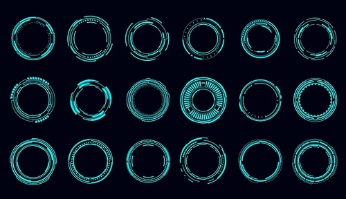 HUD round frames and borders, aim control and digital interface, vector. HUD technology and future tech game, target borders and hologram frames, user data UI display buttons and radars