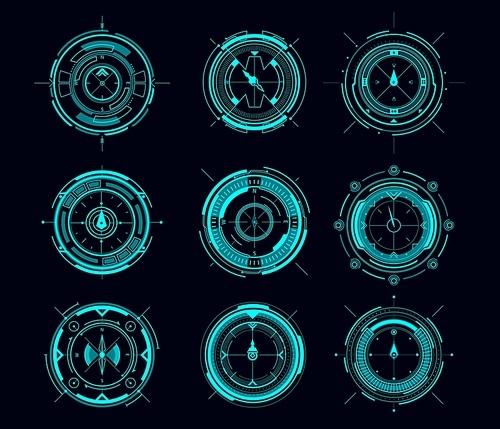 HUD compass or aim control panel vector futuristic user interface of Sci Fi. HUD game navigation compass and military aim system, sniper weapon target, scope crosshair, collimator sight, shoot range