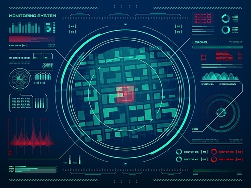 HUD security monitoring system technology. Secret service, police or army control center screen with target movement sensor data tracking interface, radar screen, neon map and information charts