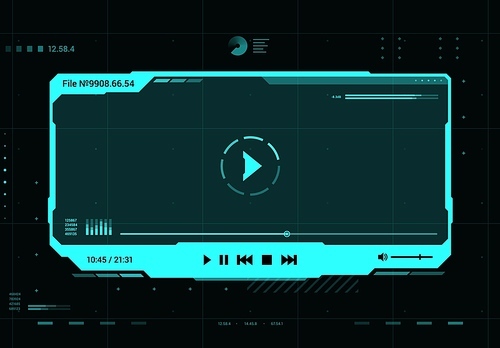 HUD video and sound player futuristic screen interface. Future multimedia system, Ui design element or virtual reality hologram window with media player vector neon blue frame, buttons and data info