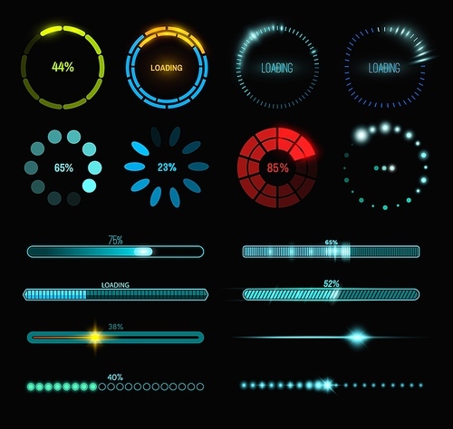 Loading process and status bar icons, HUD interface. Vector Sci Fi digital futuristic elements for dashboard, technology style neon glowing ui navigation for game menu design or web site data load