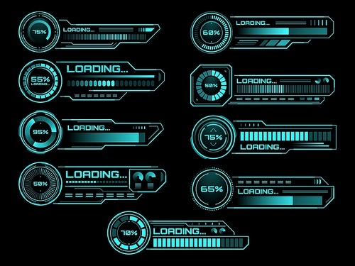 HUD futuristic loading process and status bars, vector interface icons. HUD loading bars on digital screen for future technology, load power and download bars for game dashboard panel UI