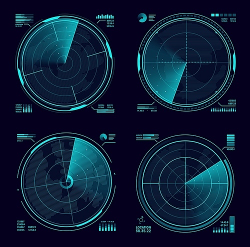 HUD military radar or sonar blue neon display. Army radar interface, satellite navigation technology vector screens or military weapon system, modern radar scanning territory, searching for targets