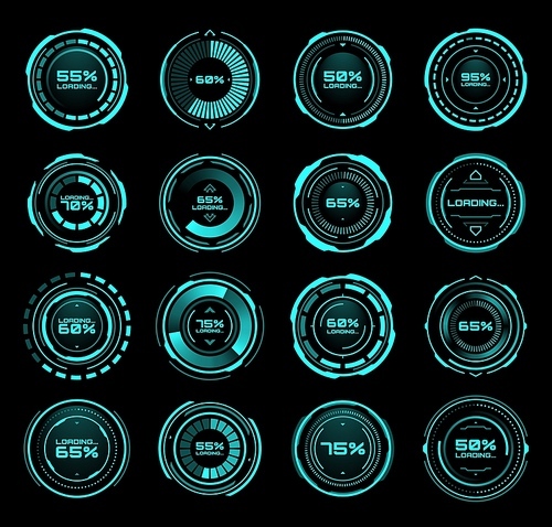 HUD futuristic loading bars of process and status interface vector icons. Digital technology panel with HUD downloading bars on neon screen or dashboard controls on display with percent status