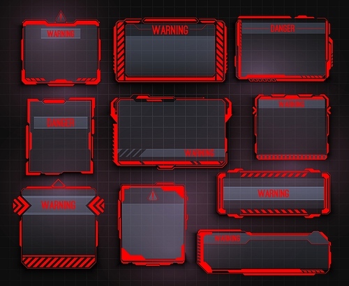 HUD warning display and screen frames, danger info borders. Safety system alert window, spaceship caution message and futuristic UI interface warning vector panels with red arrows and high tech frames