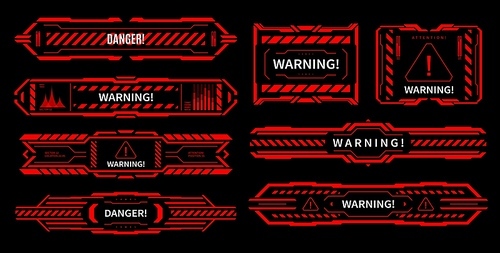 HUD danger and alert attention red interface signs. Vector warning notification, caution futuristic ski-fi UI design elements in modern technology style. Pop up alarm screens for hacker virus attack