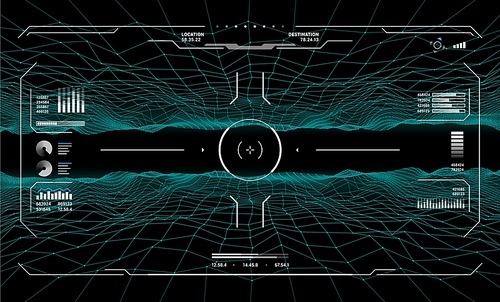 HUD target aim controls on futuristic screen interface, vector dashboard background. HUD target aims on radar screen, game dashboard and UI panel controls with crosshair technology