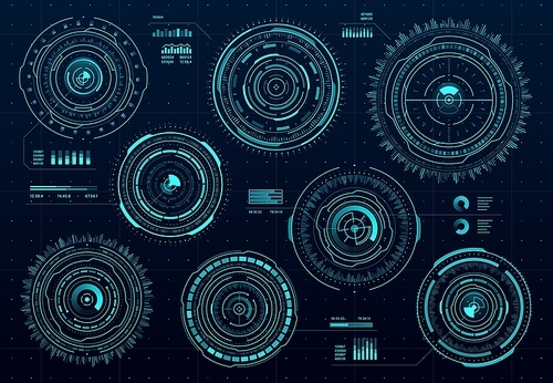 circle futuristic hud digital interface, data screen dashboard, vector round s and borders. hud aim controls and digital gauges, target aim and hologram frames, user data ui display buttons