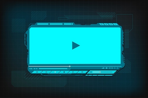 HUD video player futuristic screen interface. Vector digital Ui, ux hi-tech skin, web design for online movie content playing. Ski-fi template with play button, menu bar and slider on neon background