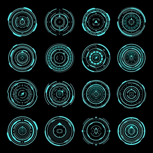 HUD compass, aim control panel or navigation interface. Vector sci-fi target, futuristic military optical aiming, spaceship crosshair techno screen ui neon elements, collimator sight, gun focus set