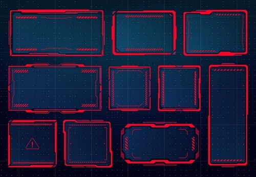 HUD danger, warning and alert attention red frames or signs, vector. HUD interface display screen with warning or high risk alert or access denied and caution error hologram frames, game dashboard