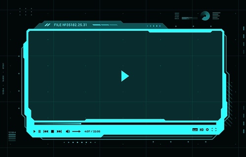 HUD futuristic video media player interface. Vector digital Ui screen, ux hi-tech skin web design for online movie content playing. Ski-fi template with play button, menu bar and slider, neon frame