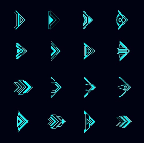 hud arrows, futuristic navigation pointers, sci fi ui interface. digital techno style vector . neon glowing buttons for computer game or app menu, modern graphic design cursor symbols set