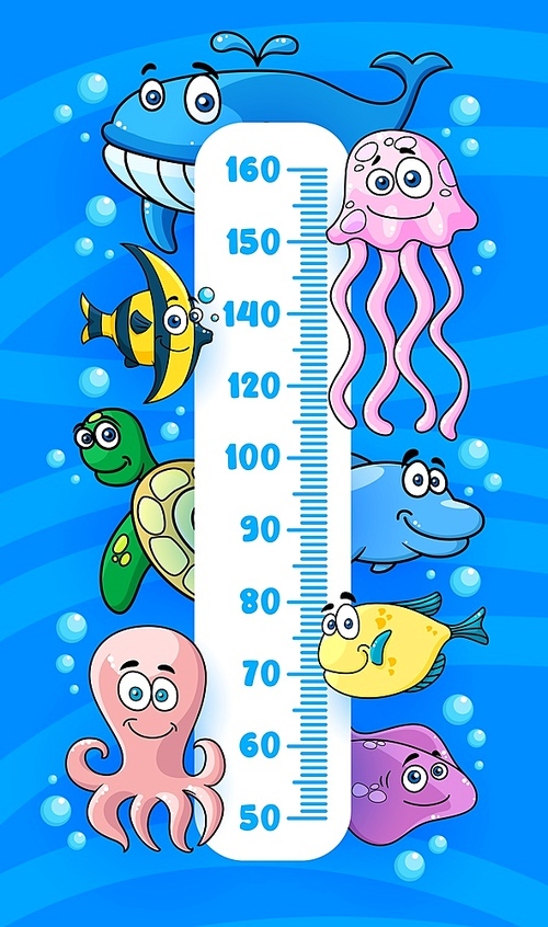 Kids height chart. Underwater cartoon sea animals. Growth measure meter with cute octopus, smiling jellyfish and happy sea turtle, stingray, dolphin and blue whale, ocean fish characters